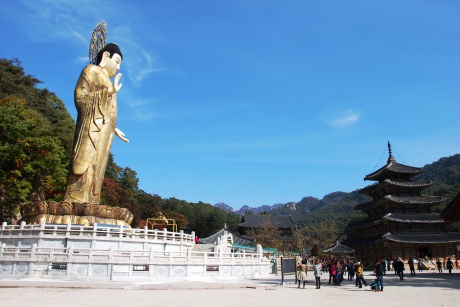 The giant, 108 feet tall gilded bronze Buddha was covered up during the temple stay, I assume for restoration purposes. This picture was taken in the fall.